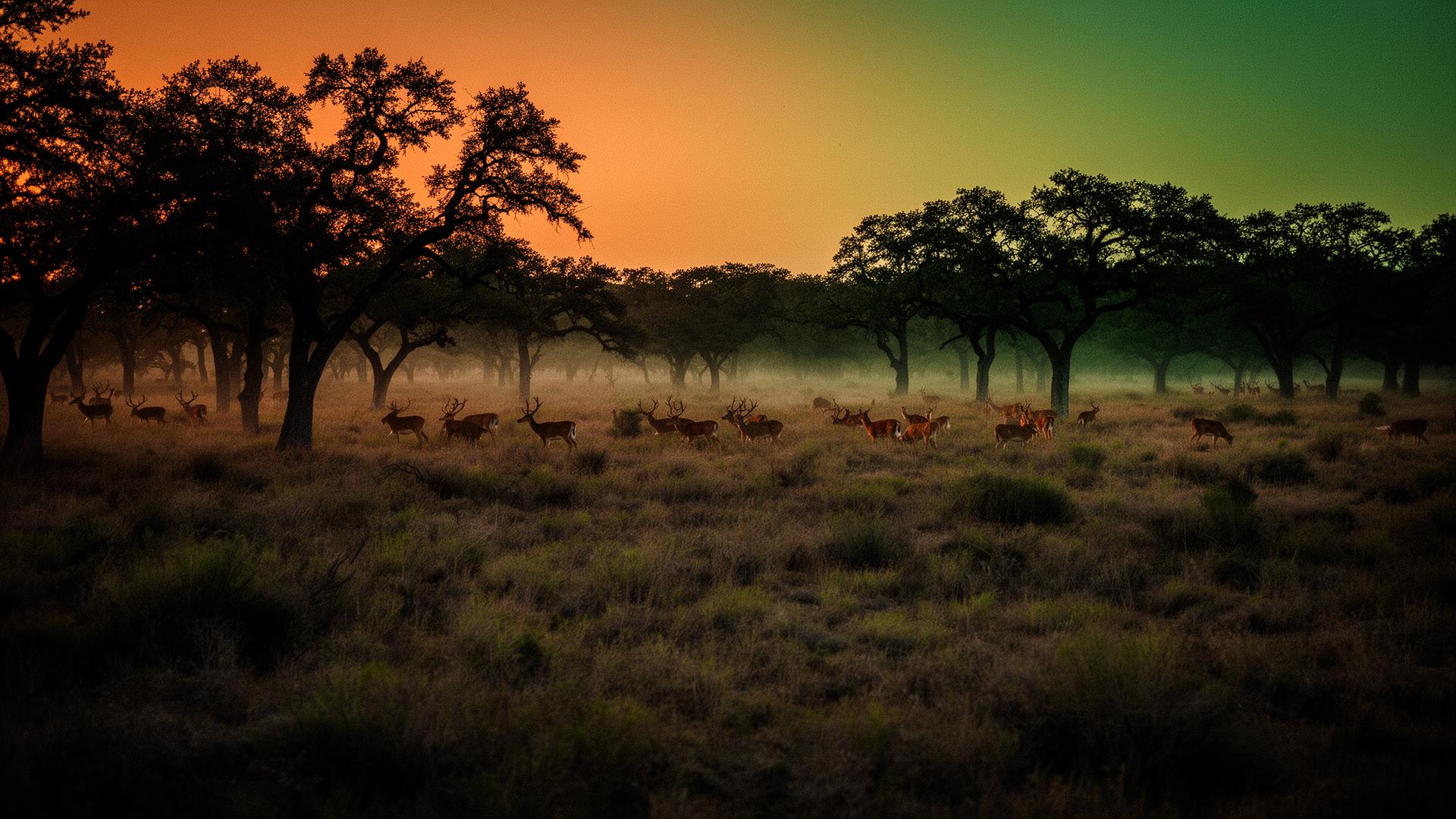 A herd of exotic deer grazing on a Texas ranch at golden hour